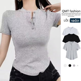 Áo Thun Nữ Cổ Cúc Ngắn Tay Ôm BoDy vạt bầu phối khuy, áo kiểu dáng phong cách sexy cá tính, phông cộc tay mặc nhà dạo p