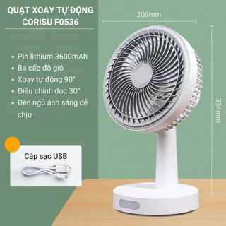 Quạt tích điện để bàn CORISU F0526 xoay tự động 180 độ, 3 chế độ gió, dung lượng lớn 3600Amh, độ ồn thấp