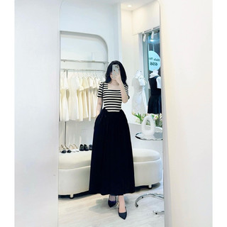 Váy Nữ Dáng Dài Thiết kế Cổ Vuông phối chân lụa dù mềm dài Không Nhăn Xoè tự nhiên