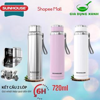 Bình giữ nhiệt inox 304 2 lớp Flexi 720 ml Sunhouse màu inox - trắng - xanh hàng chính hãng
