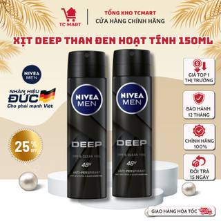Xịt Ngăn Mùi NIVEA MEN Deep Than Đen Hoạt Tính (150 ml) - Tỏa Hương Thơm Lôi Cuốn Cả Ngày Dài 24h