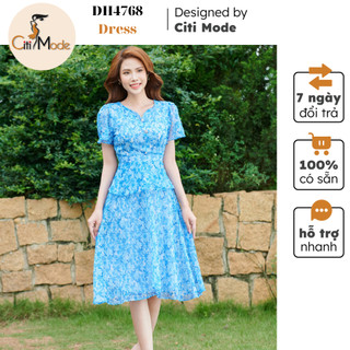 Đầm công sở CITI MODE FASHION thiết kế dáng xoè peplum hoa xanh cổ giọt lệ DH4768