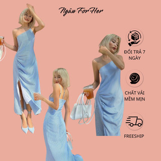 Sea dress- đầm maxi trễ vai xẻ tà sọc, đầm trễ vai nhúng eo xẻ tà