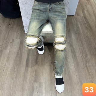 Quần jeans nam boy phố rách vá gối màu xanh chất bò cao cấp co dãn 4 chiều form skinny Lavado 33 mới