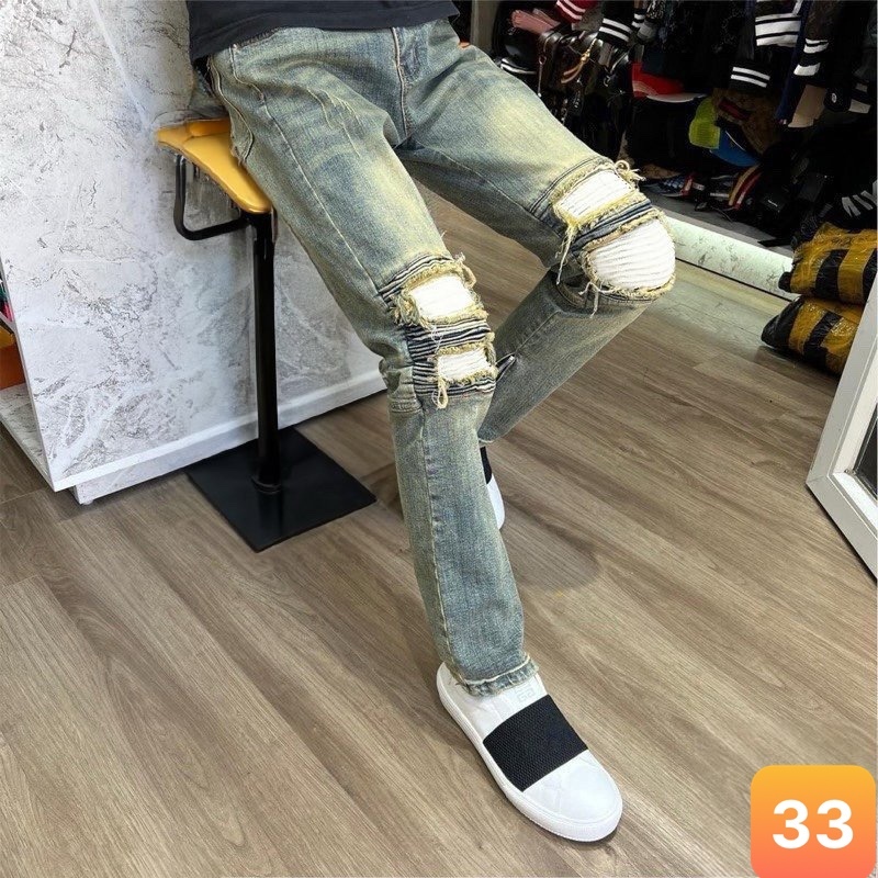 Quần jeans nam boy phố rách vá gối màu xanh chất bò cao cấp co dãn 4 chiều form skinny Lavado 33 mới
