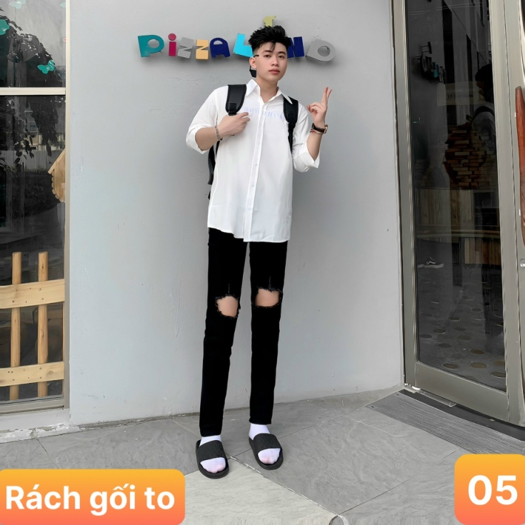 Quần jeans nam boy phố rách vá gối màu xanh chất bò cao cấp co dãn 4 chiều form skinny Lavado 33 mới