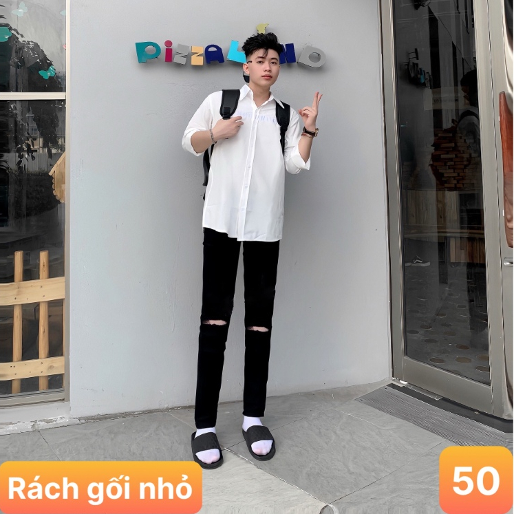 Quần jeans nam boy phố rách vá gối màu xanh chất bò cao cấp co dãn 4 chiều form skinny Lavado 33 mới