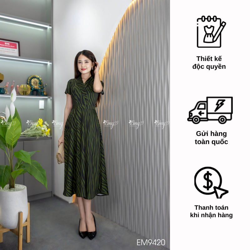 Đầm EMY EM9420 Xoè Vằn Đen