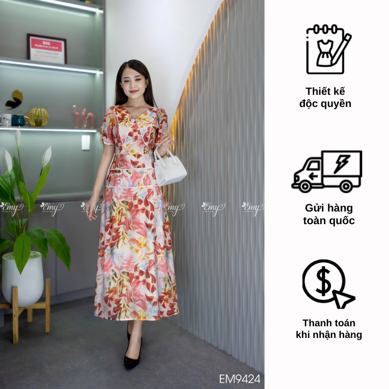 Đầm EMY EM9424 Xoè Hoa Cổ Lá