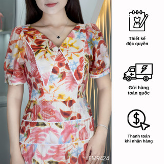Đầm EMY EM9424 Xoè Hoa Cổ Lá