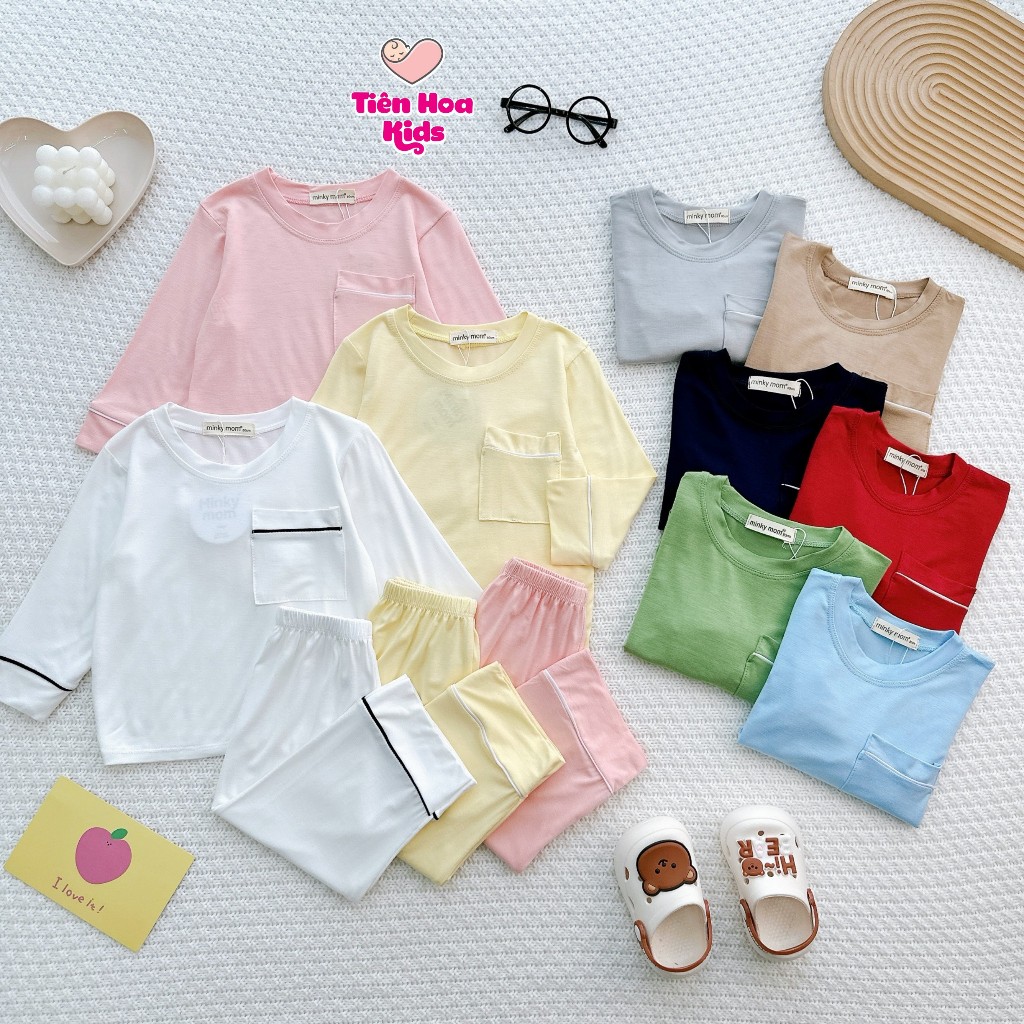 [Bé 7-36kg] Bộ Dài Tay Quần Ống Suông Rộng Màu Trơn Pijama Có Túi Thun Lạnh Mềm Mát Cho Bé Trai, Bé Gái Mặc Ngủ Đi học