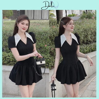 Đầm Dự Tiệc Thiết Kế Dáng Xoè Đuôi Cá Cổ V Nhọn Phối Trắng Sang Chảnh