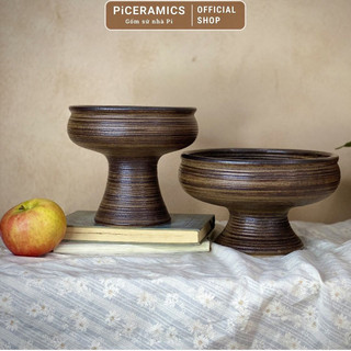 Ly thủy tiên gốm Bát Tràng vân ganh, ly ang cắm hoa cao 13cm và cao 15cm, màu trắng nâu mộc