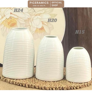 Bình cắm hoa Bát Tràng gốm dáng chuông, decor để bàn màu trắng, cao 29-24-20-15cm