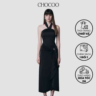 Đầm lụa cổ yếm thiết kế Chocoo Nivelle Dress có drapping che bụng, xẻ tà hack dáng hiện đại quyến rũ