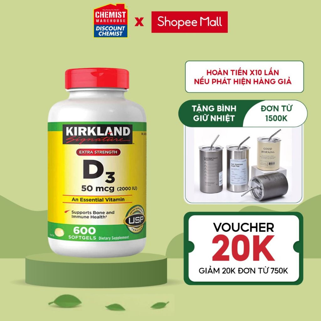 Viên uống Kirkland Signature Vitamin D3 2000IU giúp tăng hấp thụ Canxi 600 viên của Mỹ