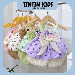 Bộ 2 dây đính nơ thỏ, áo đũi bồng bềnh, quần tơ bồng dáng váy điệu đà cho bé gái 6-14kg 