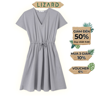 Váy đầm màu trơn nữ Lizard cổ chữ V thắt eo dây rút - 2SP23D140