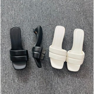 Form nhỏ 1 size - Guốc da mịn quai phồng kẻ ngang gót nhú - 3P