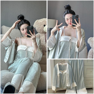 Sét bộ 3 món quần dài áo dây kèm choàng lụa Quảng Châu cao cấp xanh