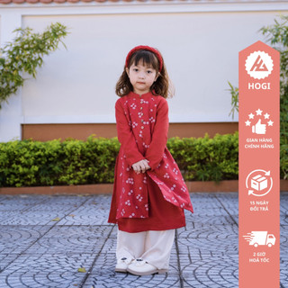 Áo dài bé gái cách tân phối nhung hoa đào màu đỏ kèm quần, áo dài trẻ em, áo dài tết cho bé đủ size - Hogi Clothing HG24