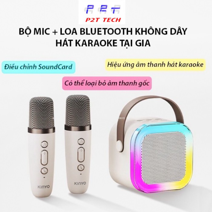 Loa bluetooth karaoke Kinyo K12 tặng kèm 2 mic và sticker,loa karaoke không dây âm thanh bass hay cùng đèn led có BH
