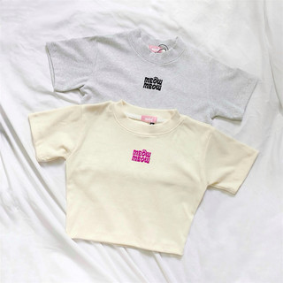 Áo phông nữ croptop tay ngắn thun gân dáng ôm hoạ tiết thêu “MEOW MEOW” AIMÉ Cotton cao cấp dày dặn Cổ tròn