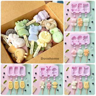 Khuôn làm kem silicone khay làm kem khuôn kem que bộ đồ dụng cụ làm kem cho bé có nắp kèm que tại nhà hình thú dễ thương