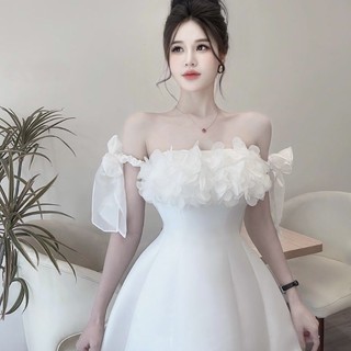 Váy tapta rớt vai phối nơ