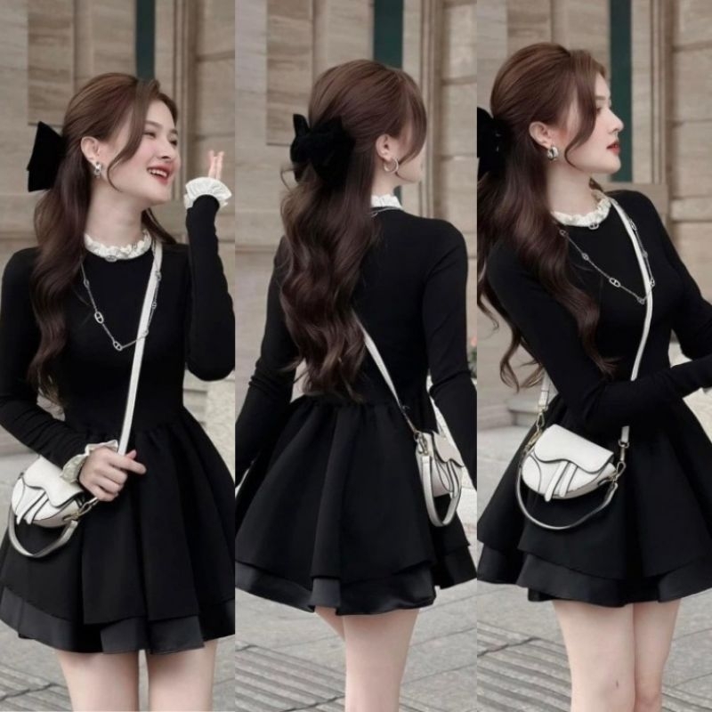 Đầm Cổ Bèo Tăm Phối Mango Tay Dài