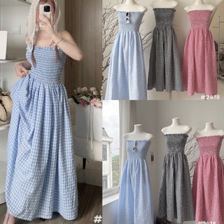 Váy đầm cúp bo chun ngực caro dáng dài xoè