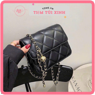  Túi mini trần trám khoá chuông  túi xách nữ đeo chéo mini dáng trơn basic phong cách Hàn Quốc 