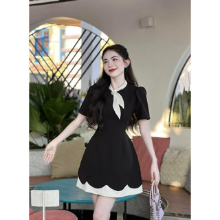 đầm nữ chất tuyết mưa cổ phối nơ cột tay ngắn bo eo viền sóng lai, váy xoè chữ A