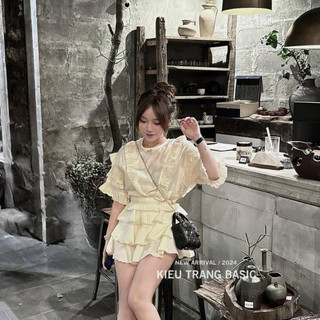 Bigsize hiếu hiếu -set bộ babydoll tiểu thư áo tơ voan phối bèo + chân váy tầng