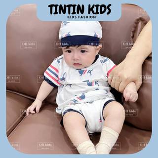 Bộ rip body hình chó xanh 3 chi tiết kèm mũ cho bé trai, bé gái 4-12kg 