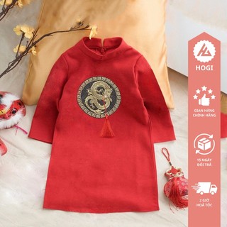 Áo dài bé trai Hogi màu đỏ thêu rồng tròn chất nhung chéo, áo dài trẻ em, áo dài tết đủ size - Hogi clothing