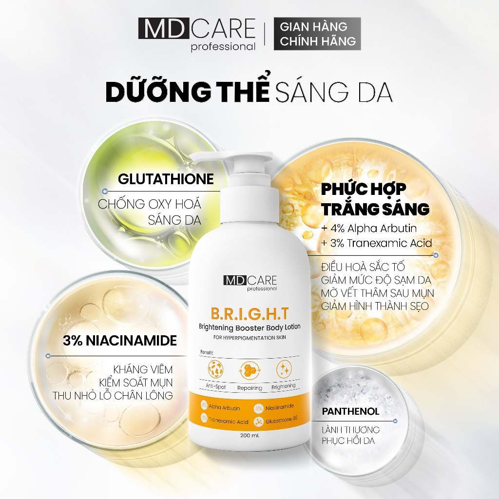 Ảnh 4 của Sữa Dưỡng Thể MD CARE Brightening Booster, Calming Acne Body Lotion Giảm Mụn, Sáng Da Mờ Thâm 200ml