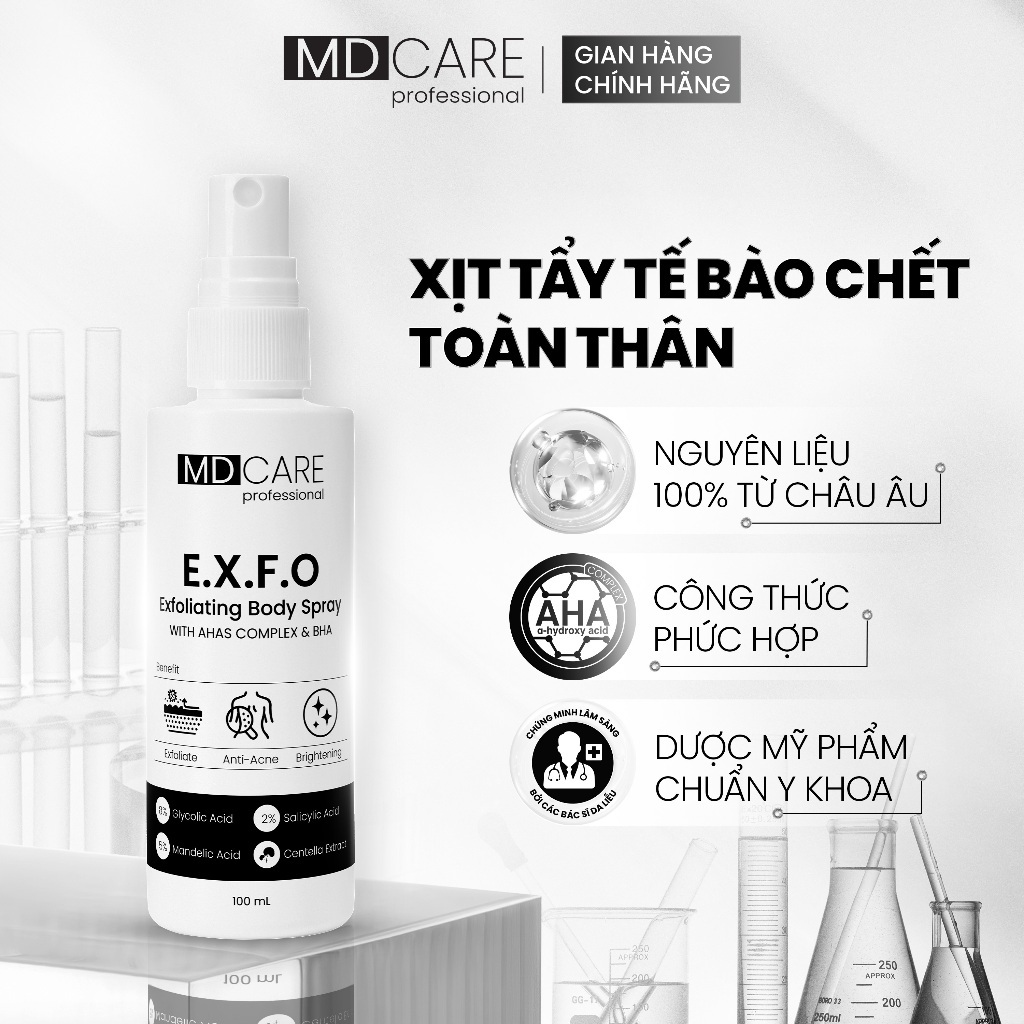 Ảnh 2 của Xịt Tẩy Tế Bào Chết Toàn Thân MD CARE AHAs and BHA giảm tình trạng mụn, thâm trên cơ thể 100ml