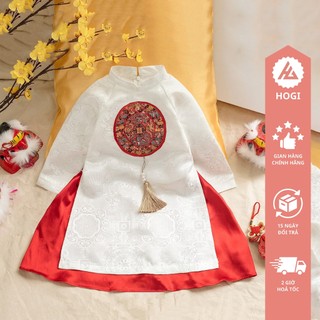 Áo dài cách tân Hogi cho bé gái vải gấm trắng phối váy đỏ, áo tết cho trẻ em full size - Hogi clothing