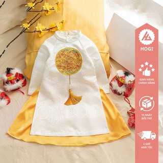 Áo dài cách tân Hogi cho bé gái vải gấm trắng phối váy vàng, áo tết cho trẻ em full size - Hogi clothing