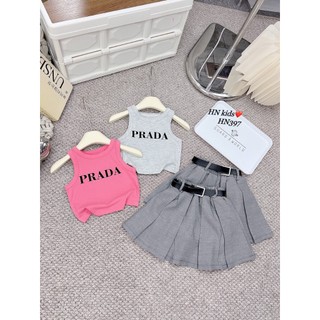 Set áo cotton mix chân váy dập ly kèm dây lưng cho bé