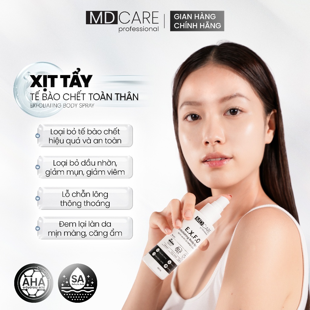Ảnh 3 của Xịt Tẩy Tế Bào Chết Toàn Thân MD CARE AHAs and BHA giảm tình trạng mụn, thâm trên cơ thể 100ml