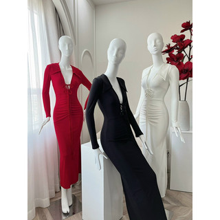 Đầm polo body ôm tay dài nhún eo che khuyết điểm nơ ngực sang trọng quyến rũ