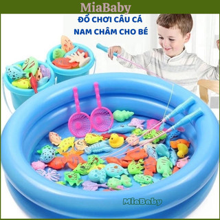 Đồ chơi câu cá cho bé 30 chi tiết có gắn nam châm gồm cần câu nhựa, bể phao 2 tầng, rổ và vợt tặng kèm bơm bể phao