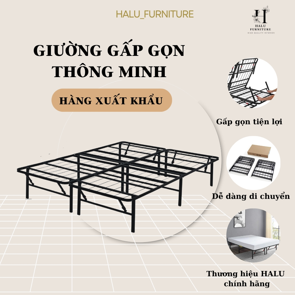 Giường gấp gọn thông minh HALU cỡ vừa cho gia đình 1m6 thép tĩnh điện không gỉ có bảo hành