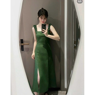 Đầm midi hai dây nhún xẻ đùi đan dây lưng