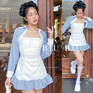Set đầm body dáng ống viền bèo phối khoác sơ mi sọc kèm quần short cá tính Xavi Dress Biu Clothing BB0304