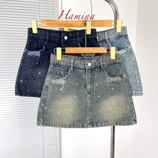 Chân váy jeans ngắn hamina, váy jean nữ rách túi đính đá
