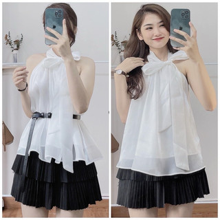  Áo yếm cổ nơ Oganza tơ óng 2 lớp mềm mại đai liền - Lumii