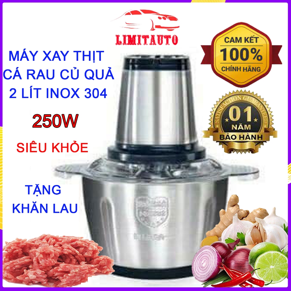 [ Bảo Hành 1 NĂM ] Máy xay thịt, cối xay thực phẩm inox 304 dung tích 2LIT - Máy xay thịt cá đa năng xay sinh tố giò chả